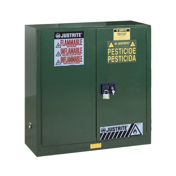 Sure-Grip® EX Pesticides Safety Cabinet, Dims. 44H, Cap. 30 gal., 1 shelf, 2 mc doors, Green.