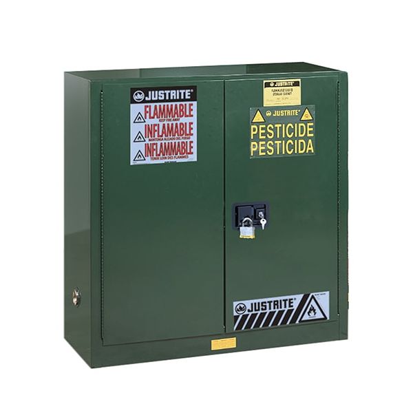 Sure-Grip® EX Pesticides Safety Cabinet, Cap. 30 gallons, 1 shelf, 2 self-close doors, Green.