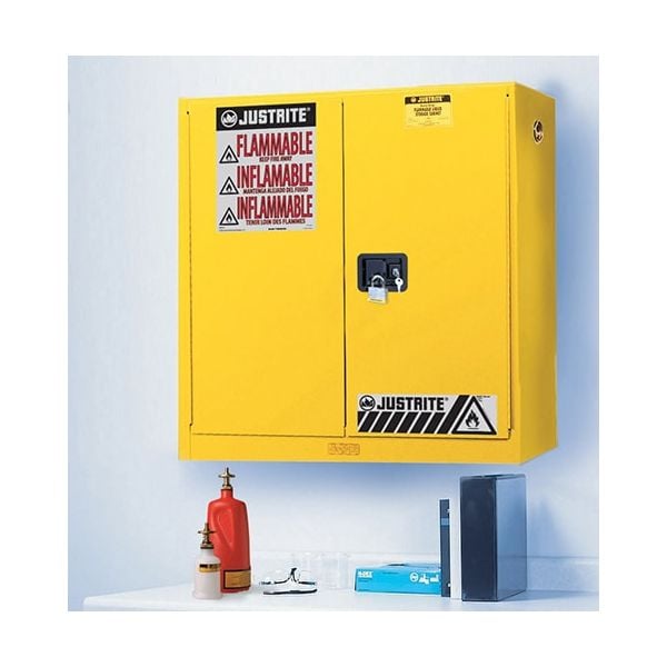 Sure-Grip® EX Wall Mount Flammable Safety Cabinet, Cap. 20 gallons, 5 shelves, 2 m/c doors, Yellow.