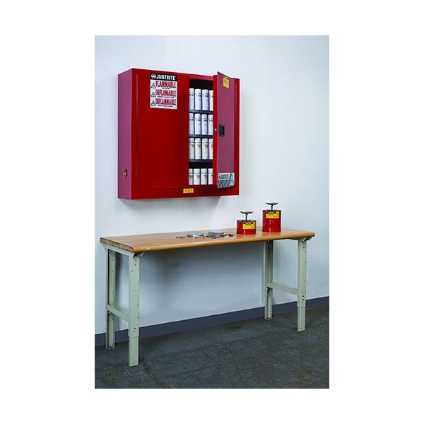 Sure-Grip® EX Wall Mount Aerosol Can Safety Cabinet, Cap. 20 gallons, 3 shelves, 2 m/c doors, Red.