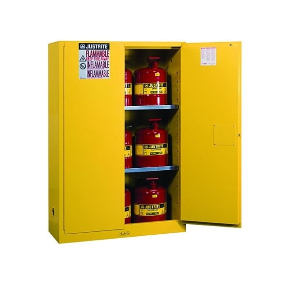 Sure-Grip® EX Safety Cabinet/Can Package, Cap. 45-gal. cabinet w/cans, 2 shlvs, 2 m/c doors, Yellow.