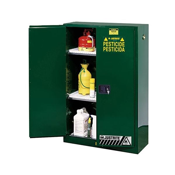 Sure-Grip® EX Pesticides Safety Cabinet, Cap. 45 gallons, 2 shelves, 2 manual-close doors, Green.