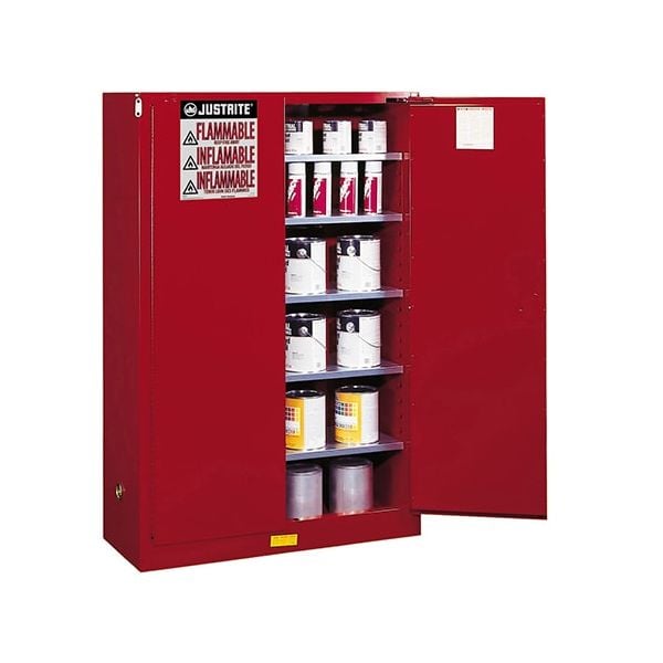 Cap. 60 gal., 5 shelves, 2 m/c dr, Red. Sure-Grip® EX Combustibles Safety Cabinet for paint and ink