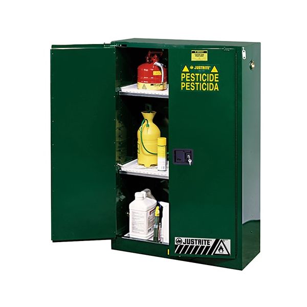 Sure-Grip® EX Pesticides Safety Cabinet, Cap. 45 gallons, 2 shelves, 2 self-close doors, Green.