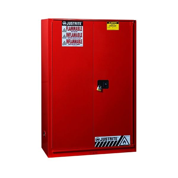 Sure-Grip® EX Combustibles Safety Cabinet for paint and ink, Cap. 60 gal., 5 shlvs, 1 bifld dr, Red.