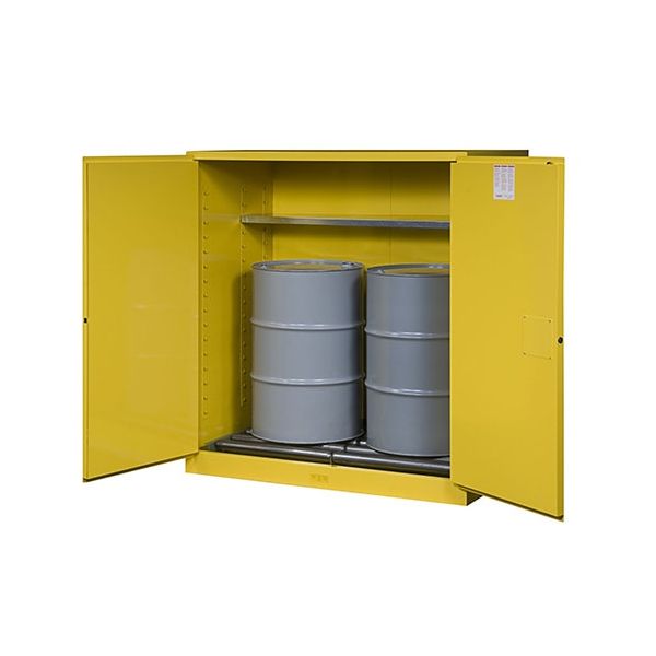 Sure-Grip® EX Vertical Drum Safety Cabinet and Drum Rollers, Cap. 110 gal., 1 shlf, 2 mc drs, Yellow.