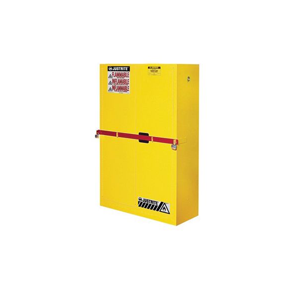 High Security Flammables Safety Cabinet wsteel bar, Cap. 45 gals., 2 shelves, 2 sc doors, Yellow.
