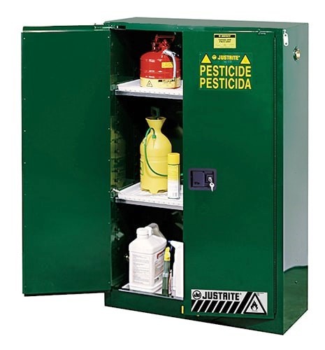 Sure-Grip® EX Pesticides Safety Cabinet, Cap. 45 gallons, 2 shelves, 2 self-close doors, Green.