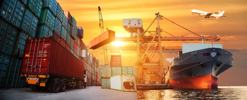 shipping containers and various cargo vehicles