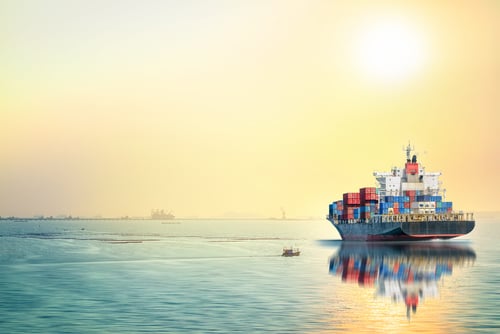 Logistics and transportation of International Container Cargo ship in the ocean at sunset time, Freight Transportation, Shipping, Nautical Vessel