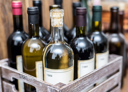 wine bottles in a wooden crate