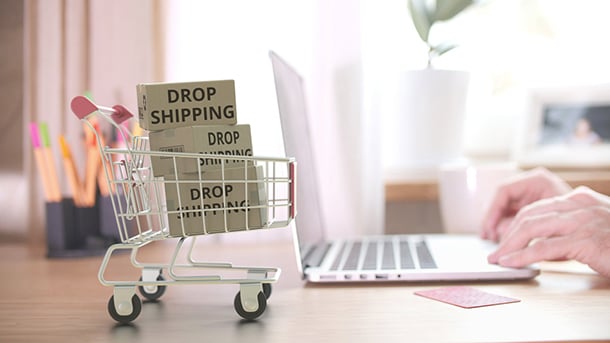a model shopping cart with boxes labled drop shipping next to someone using a laptop