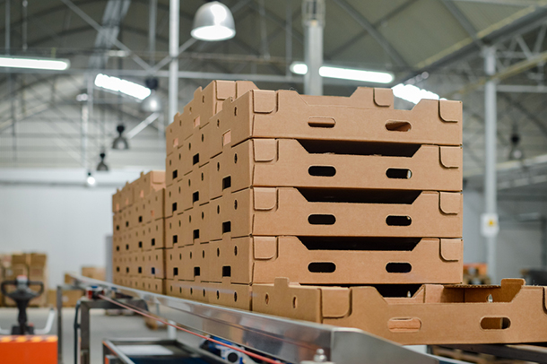 a set of stacks of cardboard boxes in a warehouse