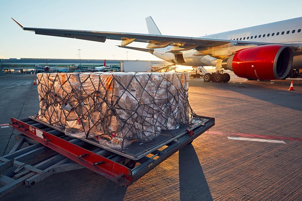 a close up of a netted cargo pallet being shuttled to a plane