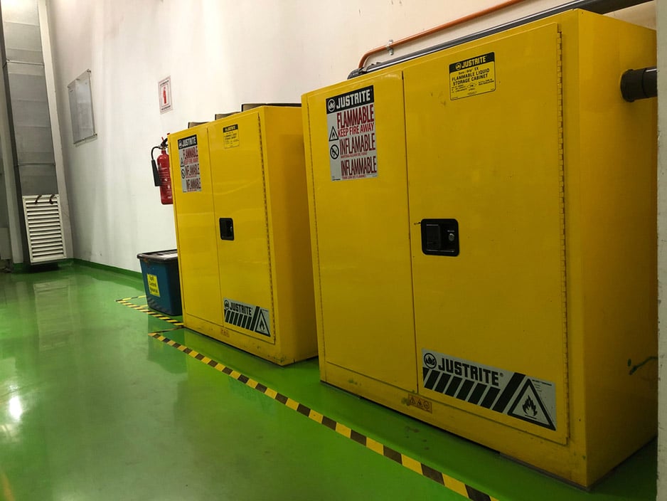 Flammable chemicals in protection cabinet